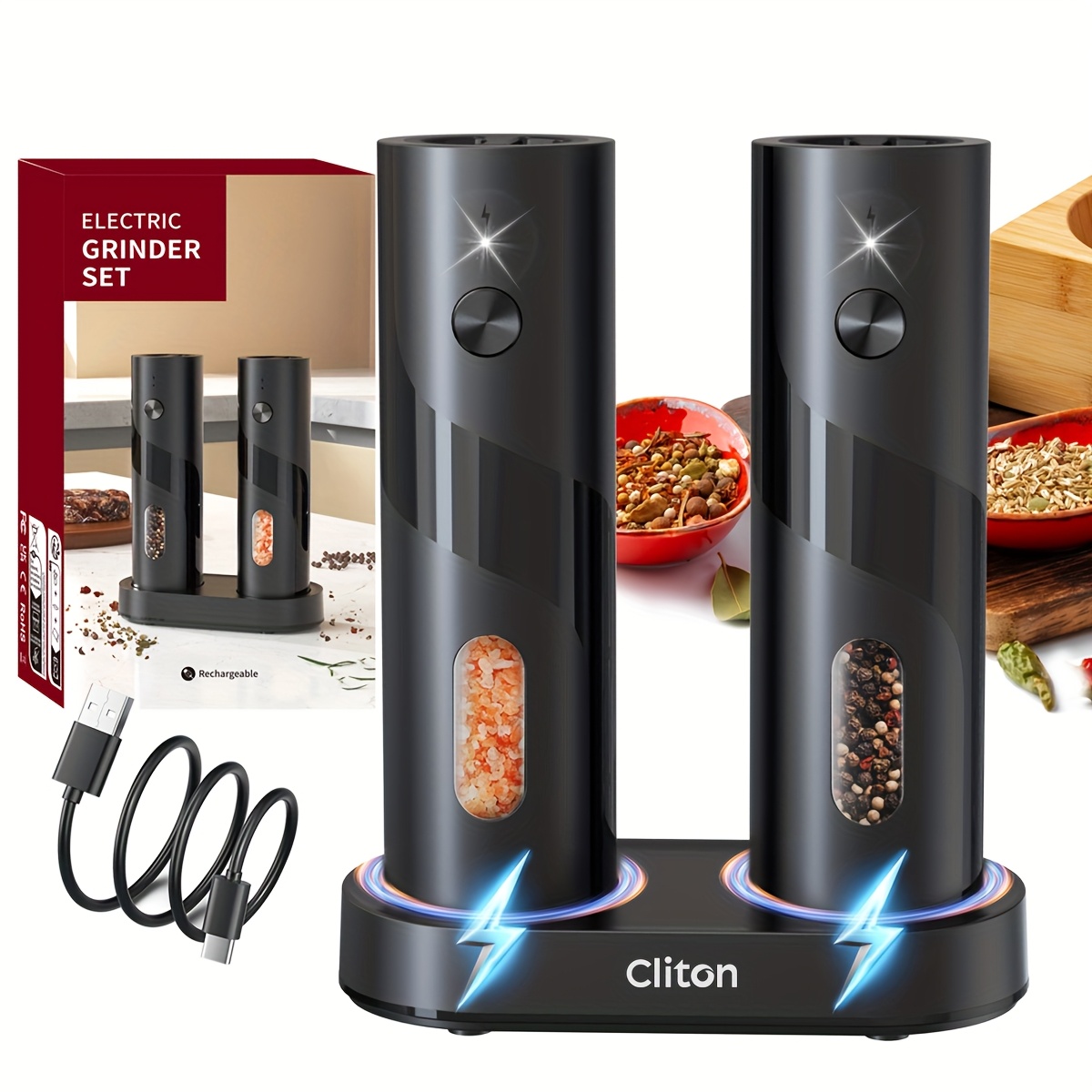 Rechargeable Electric Salt and Pepper Grinder, Automatic Salt & Pepper Mills Set - Image 4