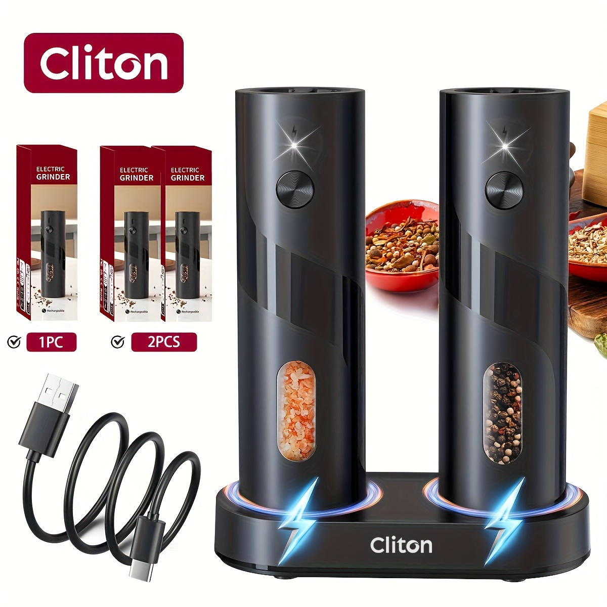 Rechargeable Electric Salt and Pepper Grinder, Automatic Salt & Pepper Mills Set